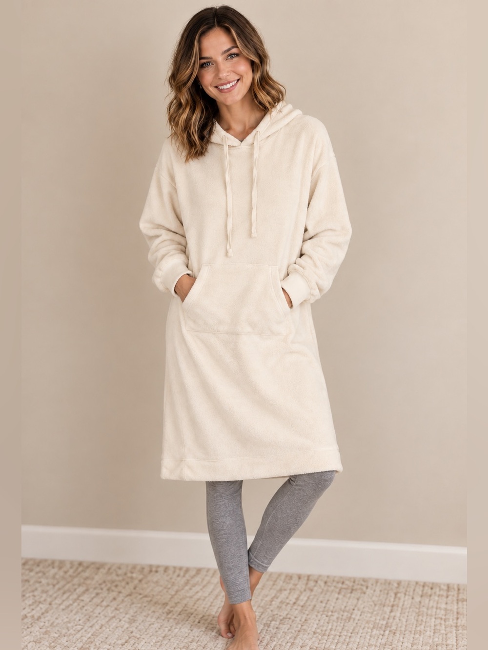 Cuddl Duds Plush Hooded Midi Lounger Dress Cream Medium Like New
